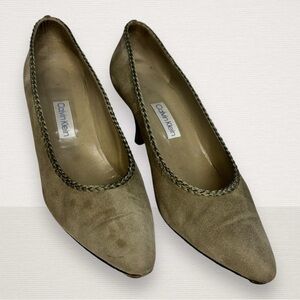 Calvin Klein Green Suede 3" Heels With Pointed Toes Braid Trim Women's 10N Italy